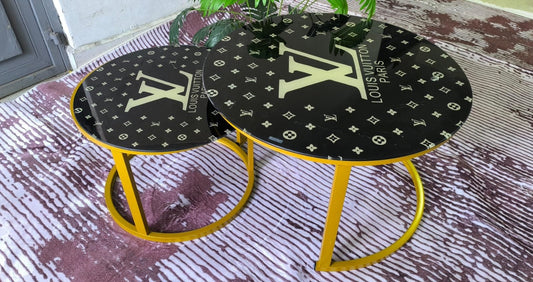 Black Nesting Coffee Table Marble Effect (glass effect)